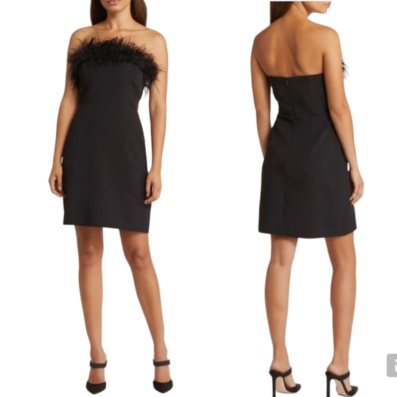 NWT Sam Edelman Size 12 Black Feather Trim Strapless Cocktail Mini Dress - Picture 1 of 16